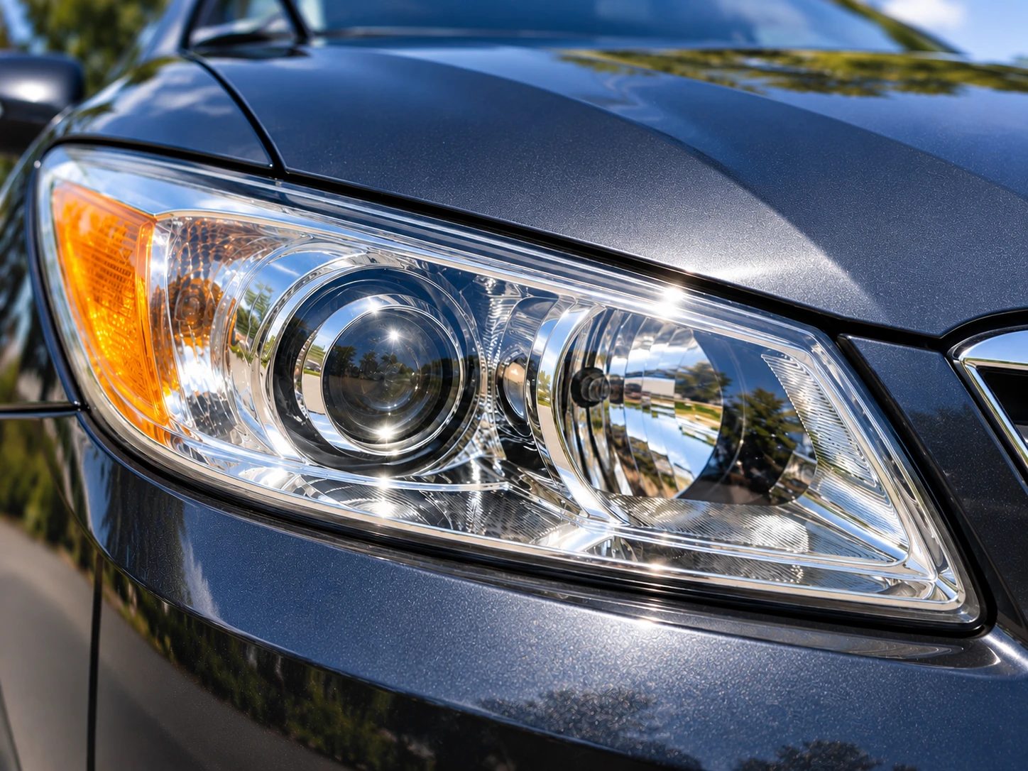 Clear, glossy headlight on a dark grey car