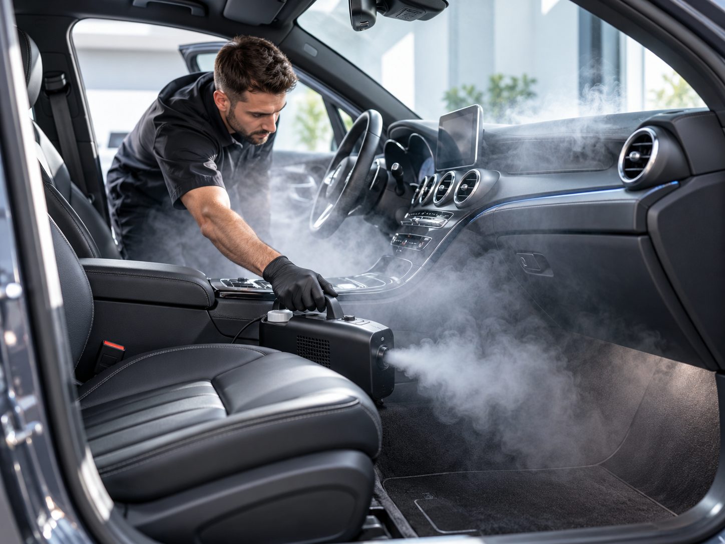 Fogging machine treating a car interior to remove odours